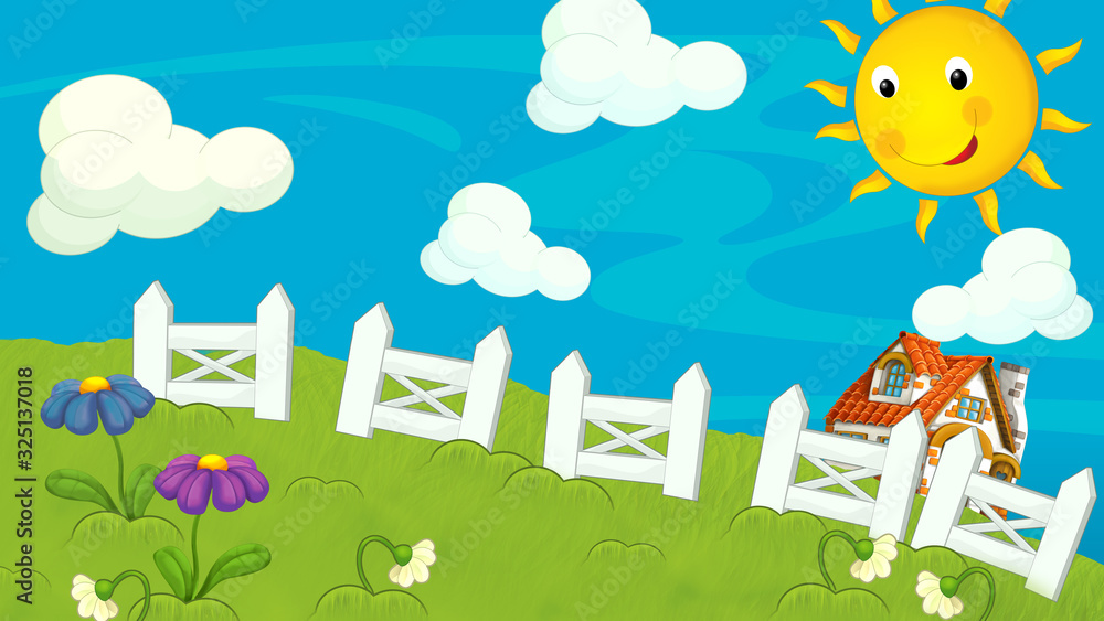 Naklejka premium cartoon farm ranch with meadow with space for text illustration