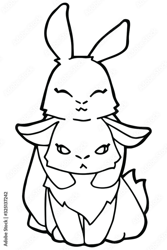 Vector illustration. Hand drawing cartoon rabbits. Two hugging a rabbit. Isolated on white. Minimalistic design. Black lines. Cute character. Coloring page. The original print. Love and friendship. Vector illustration. Hand drawing cartoon rabbits. Two hugging a rabbit. Isolated on white. Minimalistic design. Black lines. Cute character. Coloring page. The original print. Love and friendship.