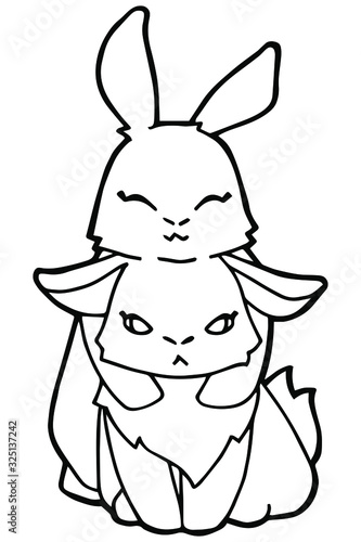 Vector illustration. Hand drawing cartoon rabbits. Two hugging a rabbit. Isolated on white. Minimalistic design. Black lines. Cute character. Coloring page. The original print. Love and friendship.