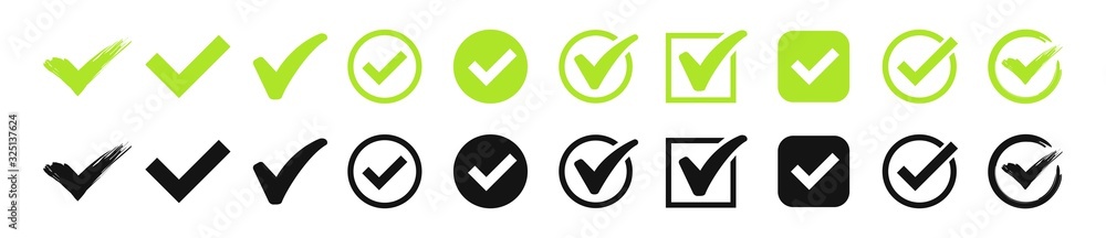 Green check mark and red cross icon set. Circle and square. Tick symbol in green color, vector illustration. Green check mark and red cross icon set. Circle and square. Tick symbol in green color, vector illustration.