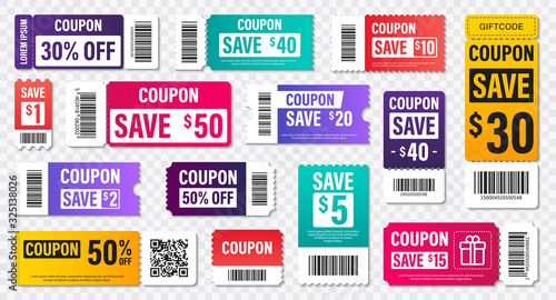 Set of Template Coupon. Gift Coupon element template, graphics design. Voucher promo code. Shopping, marketing, food and drink, business. Vector illustration.