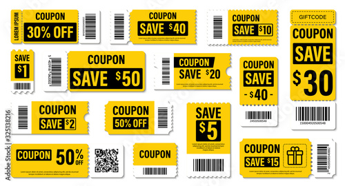 Set of Template Coupon. Gift Coupon element template, graphics design. Voucher promo code. Shopping, marketing, food and drink, business. Vector illustration.