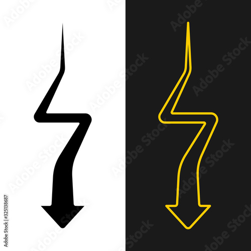 Arrow way down from far to near with turns. Zig zag oncoming arrow road symbol. Pointer from a distance to close position.