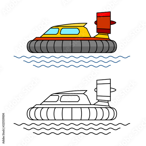 Hovercraft boat side view illustration. Hover craft vehicle with sea waves. Adjustable stroke width.