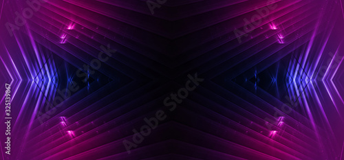 Dark background with lines and spotlights  neon light  night view. Abstract pink background.