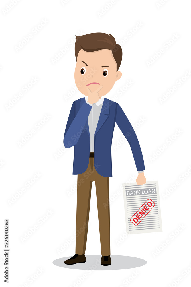 Sad businessman with paper page from bank with stamp - loan denied, Sad businessman with paper page from bank with stamp - loan denied,