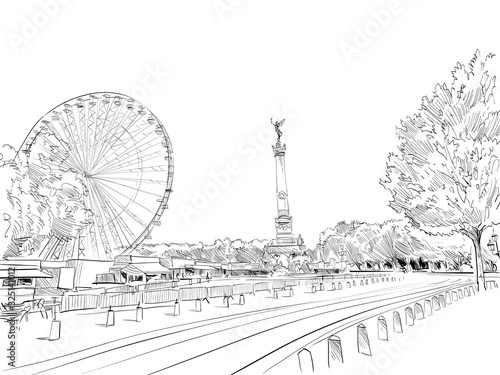 Quinconce Square. The Girondists monument. Bordeaux. France. Hand drawn sketch. Vector illustration.