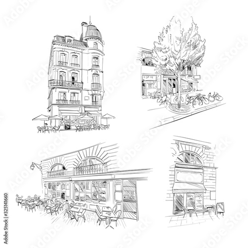 Set of street cafe. Bordeaux. France. Hand drawn sketch. Vector illustration.