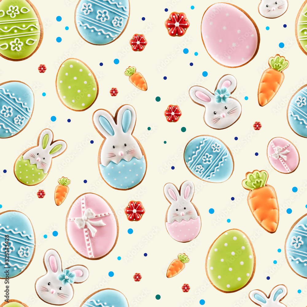 Easter ginger cookies on creamy background.