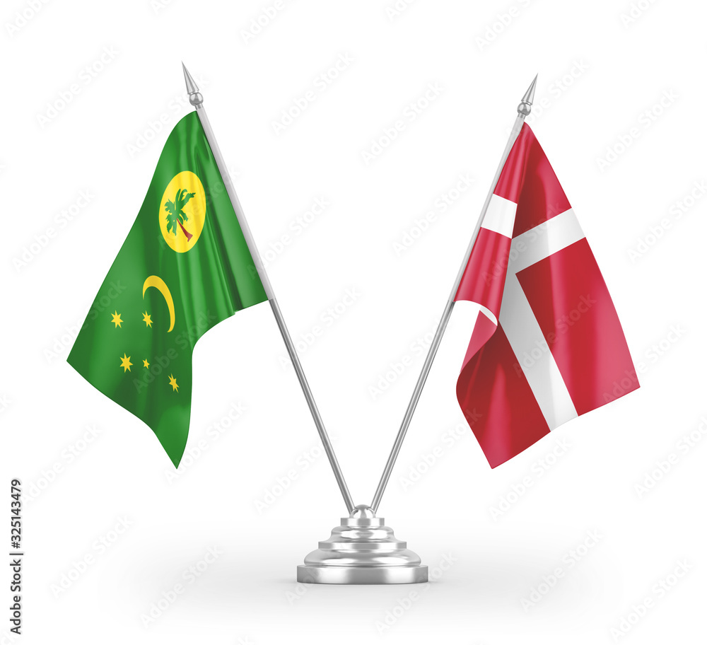 Denmark and Cocos Keeling Islands table flags isolated on white 3D rendering Denmark and Cocos Keeling Islands table flags isolated on white 3D rendering