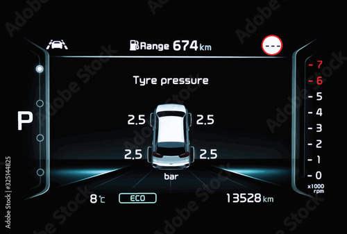 Illustration of TPMS (Tire Pressure Monitoring System) monitoring display on modern car dashboard panel. The pressure measurement given in bar. Illuminated digital screen shows right tyre pressure.