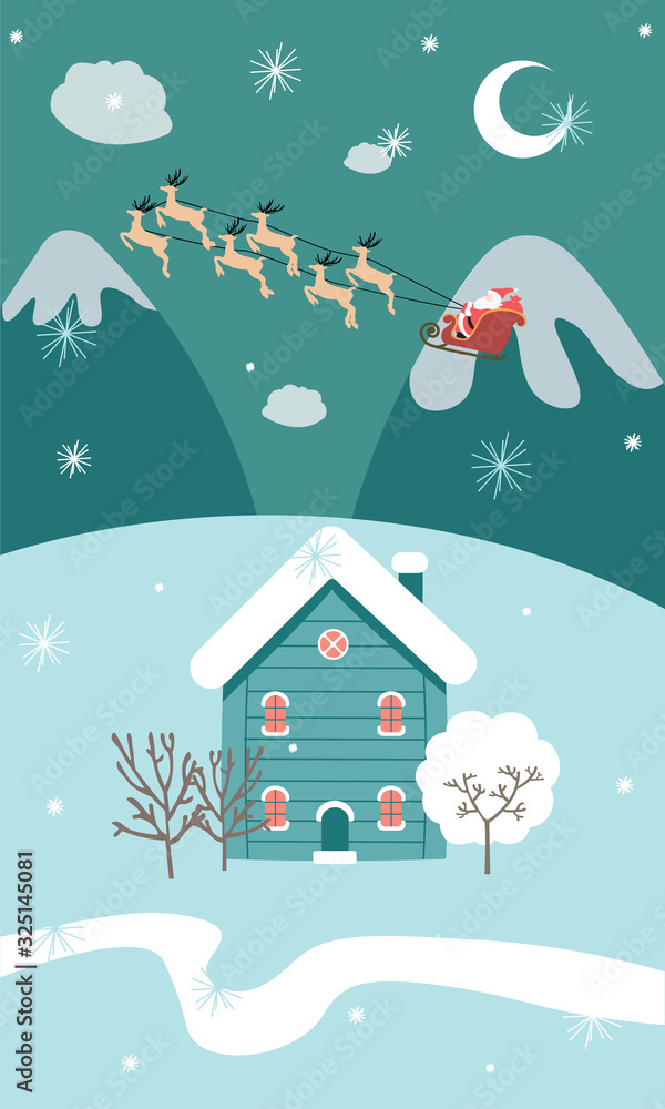 ughujhuvggvWinter Christmas New Year banner with houses snow slides sleighs and Santa-06