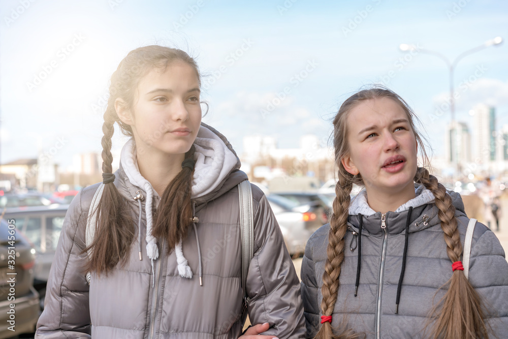 street close-up portrait of two young girls with pigtails hair style