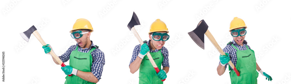 Funny man with axe isolated on white Funny man with axe isolated on white