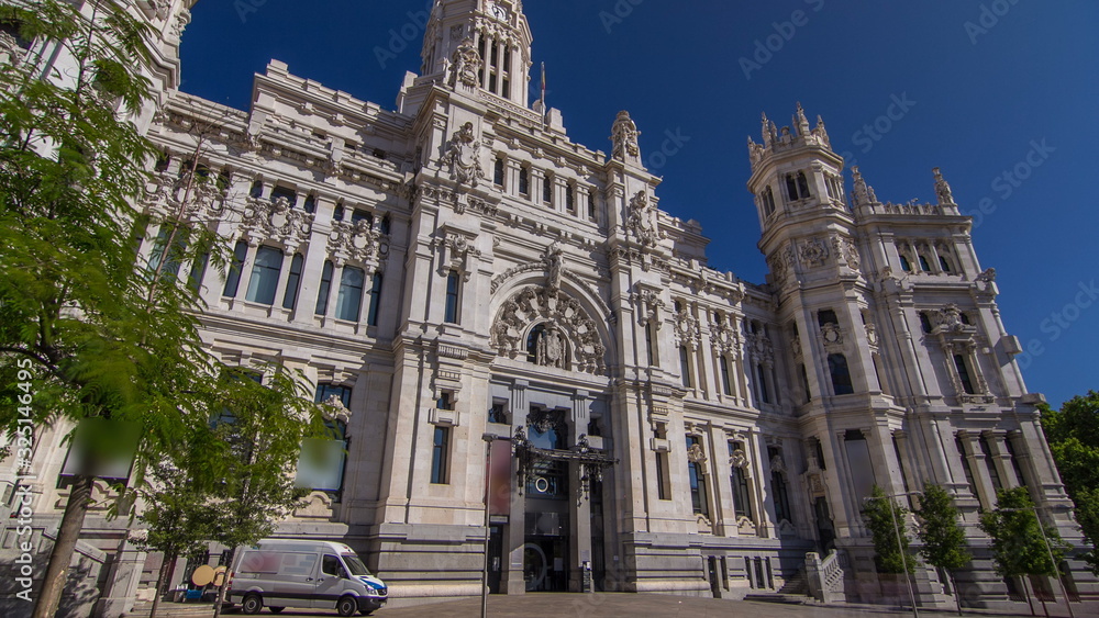 Cibeles Palace timelapse hyperlapse: City Hall of Madrid, cultural center and iconic monument of the city. In Madrid, Spain