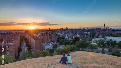 Panoramic sunset timelapse View of Madrid, Spain. Photo taken from the hills of Tio Pio Park, Vallecas-Neighborhood.