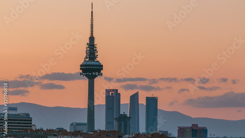 Madrid skyline timelapse with some emblematic buildings such as Kio Towers, part of the Cuatro Torres Business Area and the Piruli TV Tower.