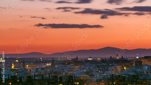 Day to night timelapse View of Madrid, Spain. Photo taken from the hills of Tio Pio Park, Vallecas-Neighborhood.