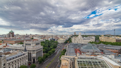 Madrid timelapse, Beautiful Panorama Aerial View of Madrid Post Palacio comunicaciones, Plaza de Cibeles, Prueba, Banco de Espana, Calle de Alcala, Spain