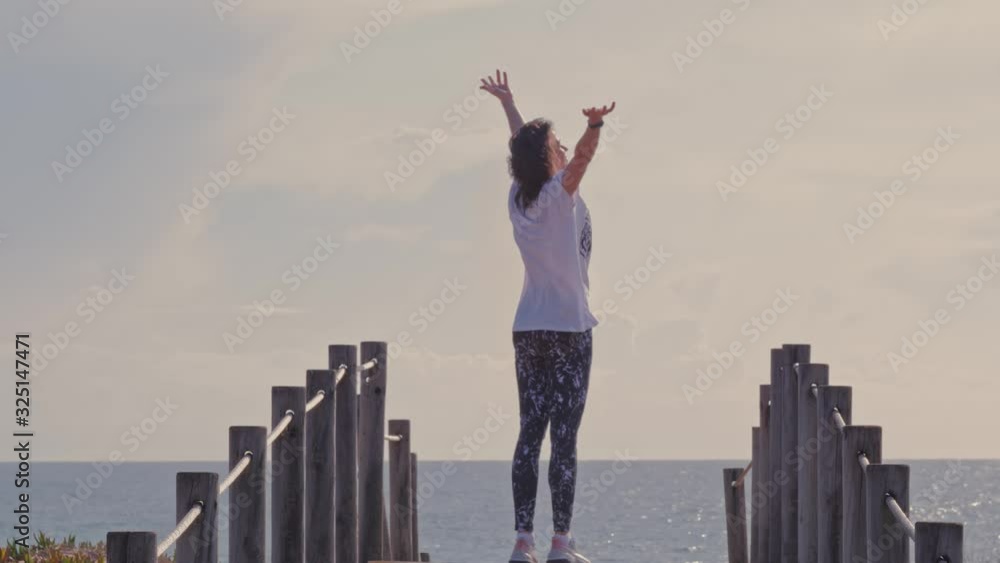 Happy woman with arms up on the ocean shore wooden walkwayat