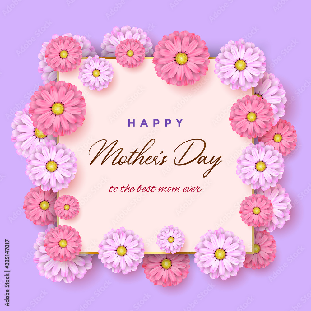 Happy Mother's Day greeting card, banner, poster with realistic pink and white spring flowers, gold frame and text on isolated light purple background