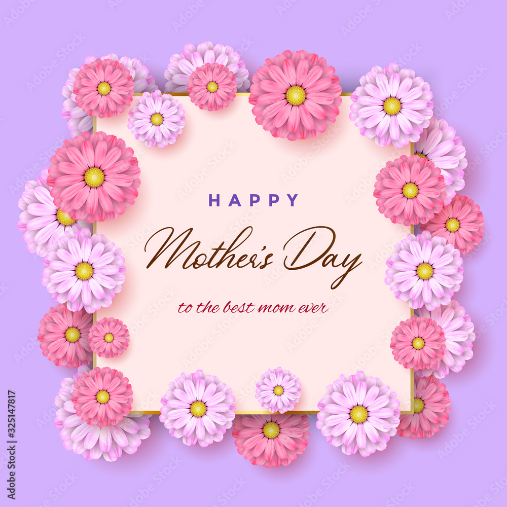 Happy Mother's Day greeting card, banner, poster with realistic pink and white spring flowers, gold frame and text on isolated light purple background Happy Mother's Day greeting card, banner, poster with realistic pink and white spring flowers, gold frame and text on isolated light purple background
