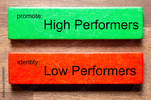 Wallpaper Mural green block with text: promote: High Performers.red block with text: identify: Low Perfomers.The background is a dark wooden table Torontodigital.ca