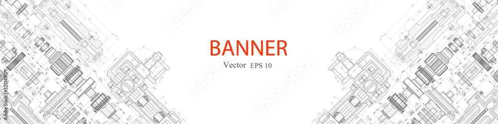 Technological white banner .Mechanical Engineering background .Rotating parts mechanisms .Technical drawing background.Vector illustration . Technological white banner .Mechanical Engineering background .Rotating parts mechanisms .Technical drawing background.Vector illustration .