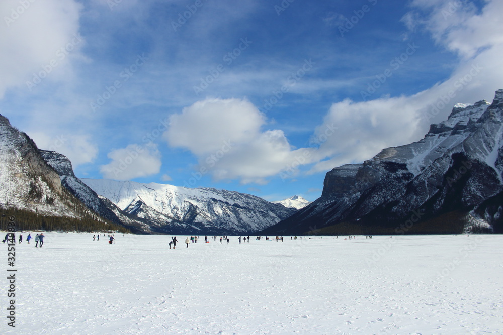 landscape view of mountain in Canada with blue sky, winter, snow, sunny 