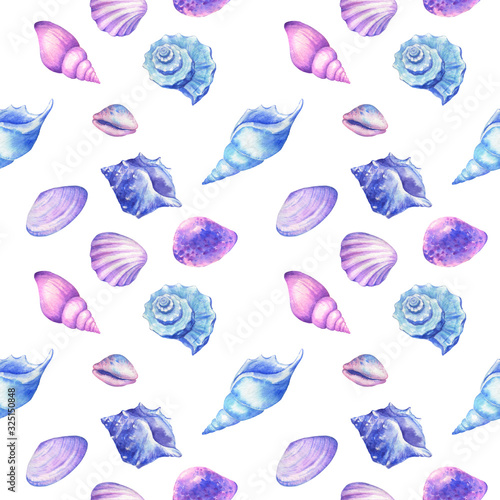 Watercolor seamless pattern with shells.