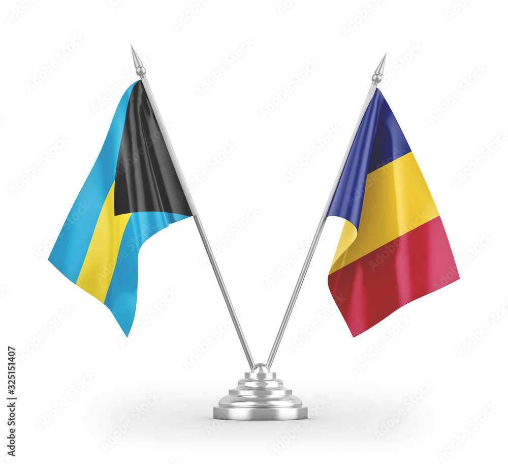 Romania and Bahamas table flags isolated on white 3D rendering Romania and Bahamas table flags isolated on white 3D rendering