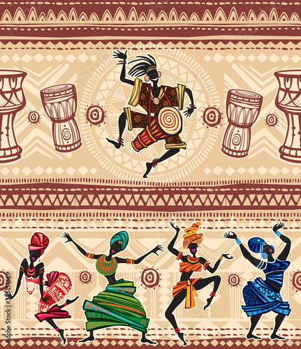 Dancing people on Ethnic background with African motifs