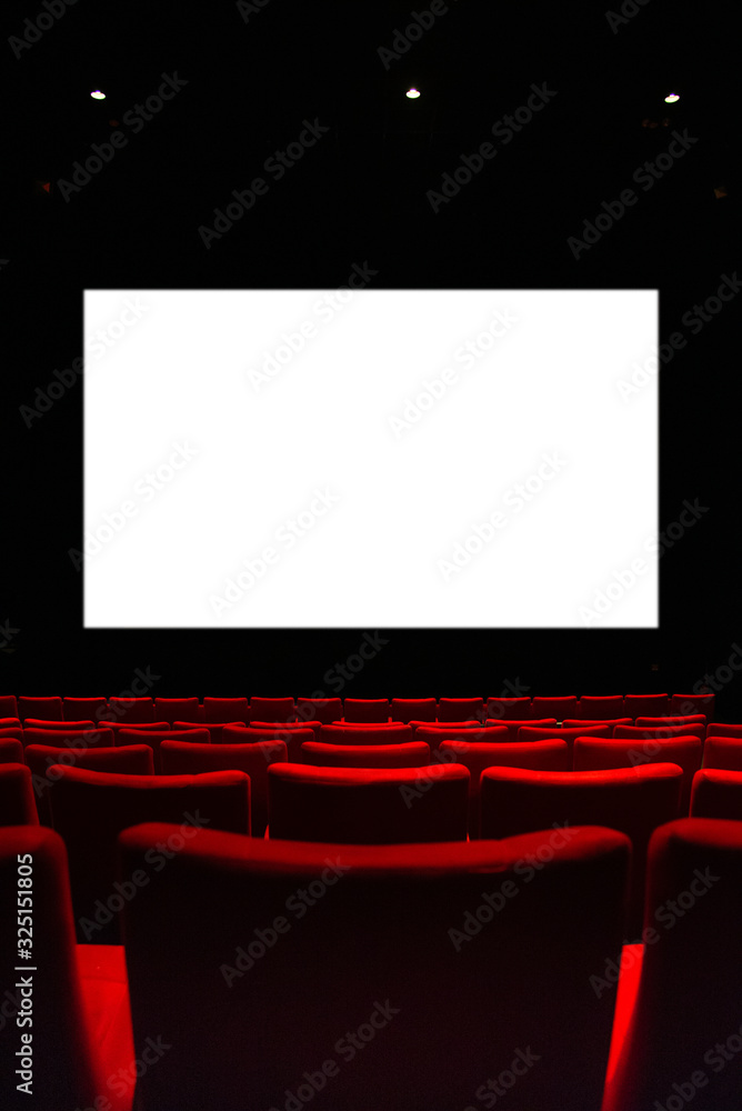 Movie theatre with empty armchairs and empty cinema curtain.
