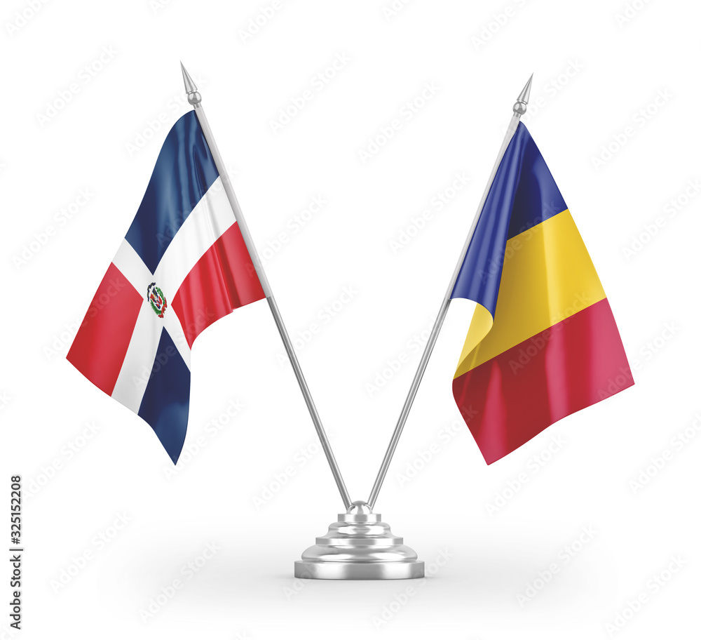 Romania and Dominican Republic table flags isolated on white 3D rendering Romania and Dominican Republic table flags isolated on white 3D rendering