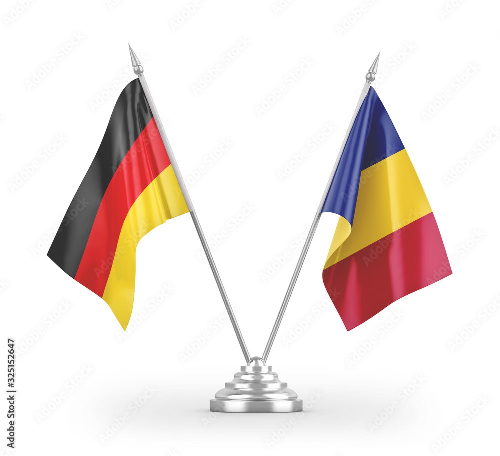 Romania and Germany table flags isolated on white 3D rendering Romania and Germany table flags isolated on white 3D rendering