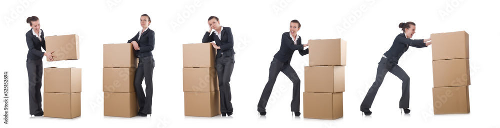 Woman businesswoman with boxes on white Woman businesswoman with boxes on white