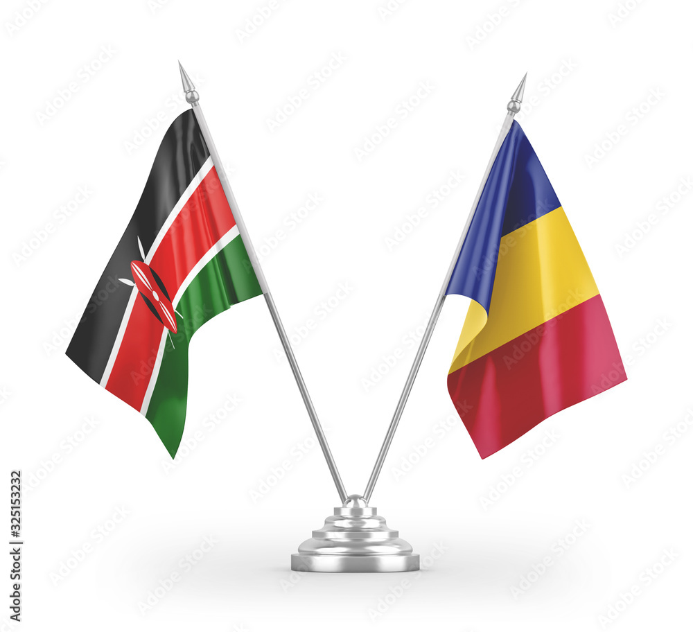 Romania and Kenya table flags isolated on white 3D rendering Romania and Kenya table flags isolated on white 3D rendering