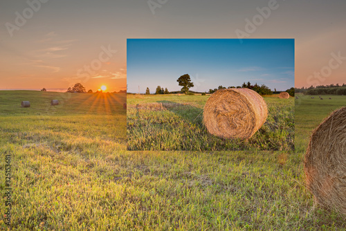 Countryside agricultural landscape with haystacks on the mowed field of cerea...