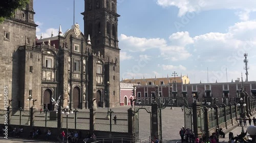 The Cathedral of Puebla City in Mexico with people. photo