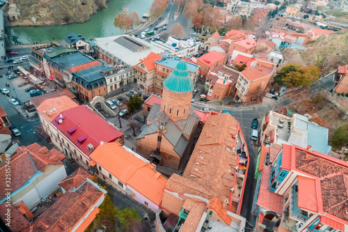 Tbilisi, Georgia, 15 December 2019 - aerial view of the old city from the cab of the funicular, shot through glass
