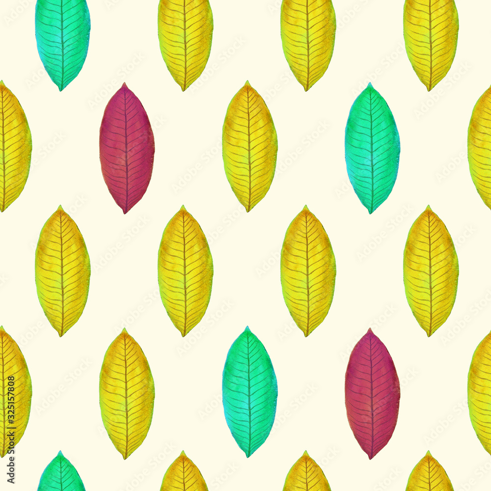 Yellow, green and red leaves, hand painted watercolor illustration, seamless pattern design on soft background