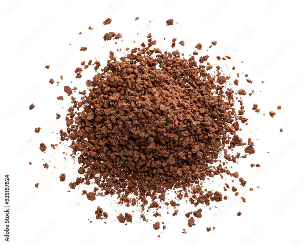 Pile of cocoa powder isolated on white background, top view Pile of cocoa powder isolated on white background, top view