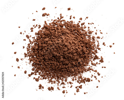 Pile of cocoa powder isolated on white background, top view