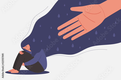 human hand helps sad young girl in depression sitting and hugging knees with flying hair, sorrow, mental health concept, cartoon female character vector flat illustration