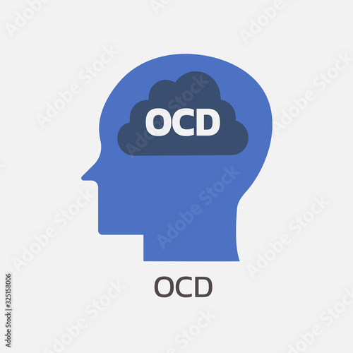 concept of mental health with human head silhouette with Obsessive-compulsive disorder or OCD inside brain or mind, psychological, sign symbol icon vector flat illustration 