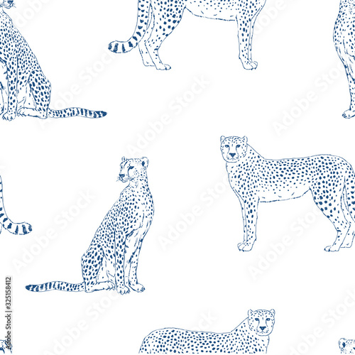 Cheetah hand drawn vector seamless pattern. Wild exotic cat sketch backdrop. Jaguar blue ink drawing. Animalistic textile print, leopard wallpaper design photo