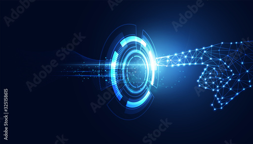 Abstract technology line triangle and finger points low poly polygonal future modern wireframe on circle hi tech future blue background.