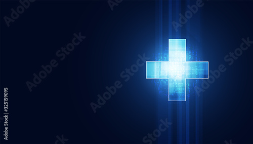 Abstract health science consist health plus digital technology concept  modern medical on hi tech future blue background.