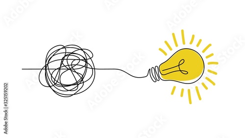 Idea doodle concept. Confuse to simplicity concept with messy hand drawn lines and light bulb. Vector clarity and thought process illustration for tangled way solution photo