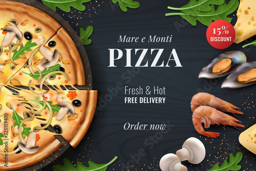 Realistic pizza background. Menu poster with traditional Italian food with toppings for restaurant banner or advertising. Vector 3D promotion flyer designs with realistic symbols italian snacks